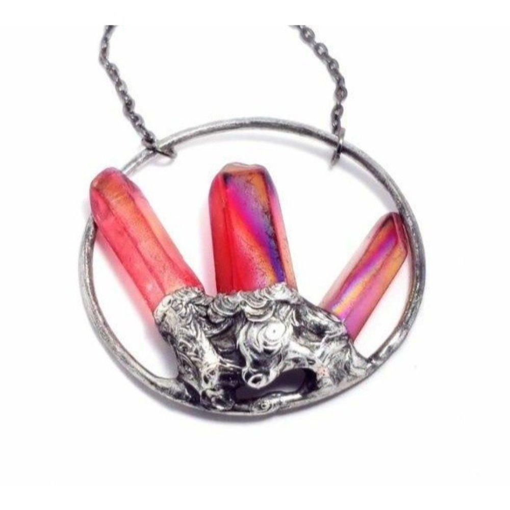 Red aura quartz crystal necklace